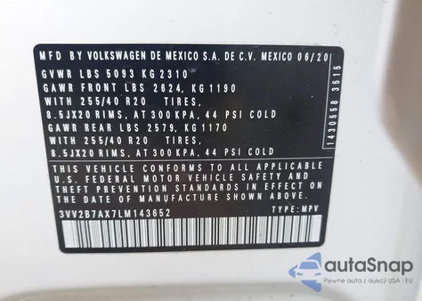 2020 Volkswagen Tiguan 2.0T Se/2.0T Se R-Line Black/2.0T Sel z USA, uszkodzony, nr VIN 3VV2B7AX7LM143652